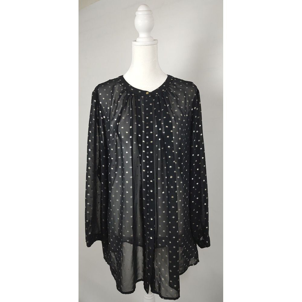 Liz Claiborne Career Womens XL Black Gold Metallic Polka Dot Sheer‎ Blouse Top